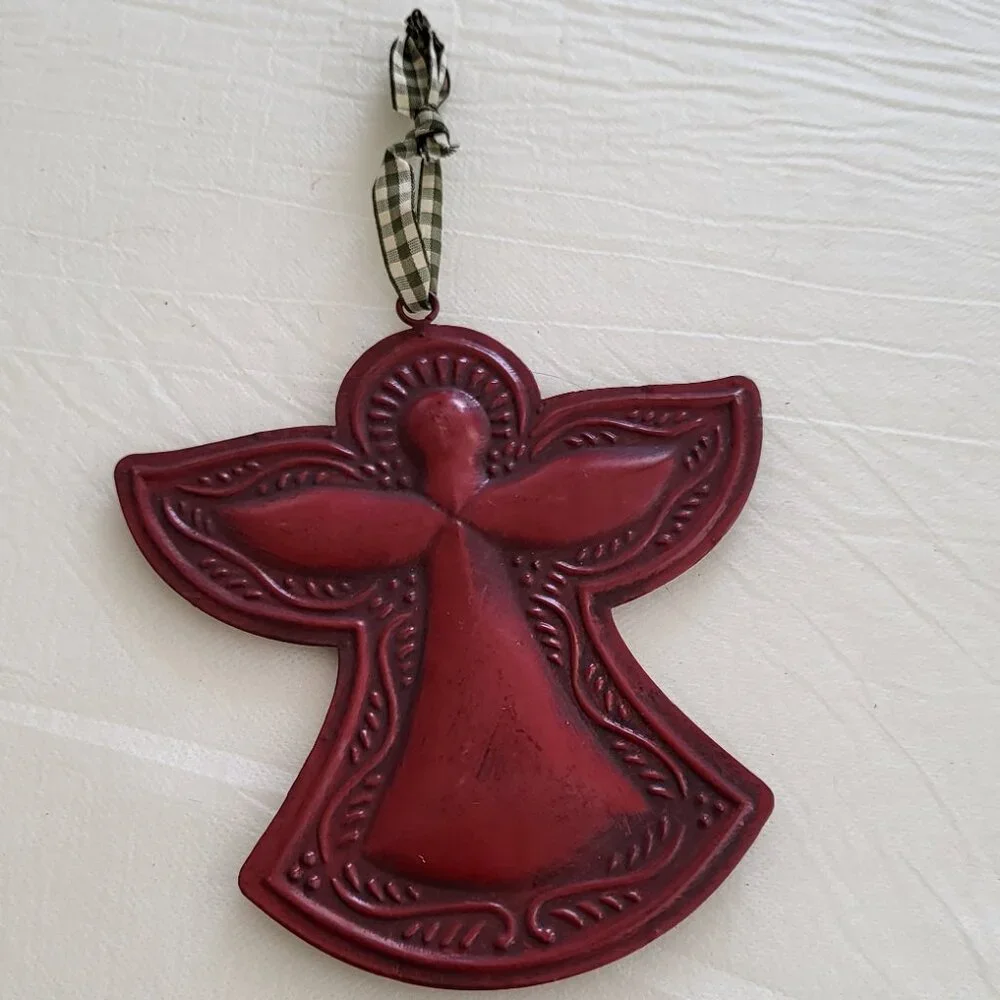 Angel Ornament Wall Decor Plaid Ribbon Burgundy Christmas Tree Religious Maroon